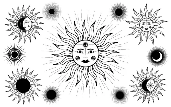 Ensemble Dessiné Main Soleil Mystique Avec Visage Femme Étoile Lune — Image vectorielle