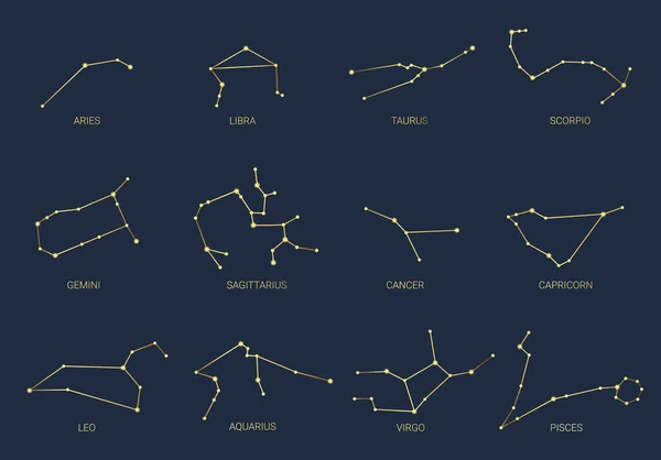 Conjunto Dibujado Mano Constelaciones Oro Espacio Celeste Horóscopo Del Zodíaco — Vector de stock