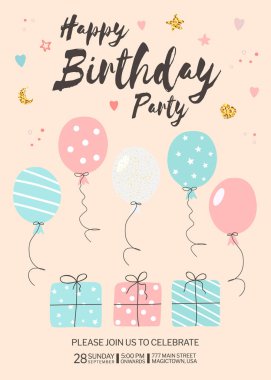 Hediye kartı, balon, kalp, yıldız ve ay. Doğum günü partisini kutluyoruz. Tebrik kartı için Doodle çizim vektör illüstrasyonuName.