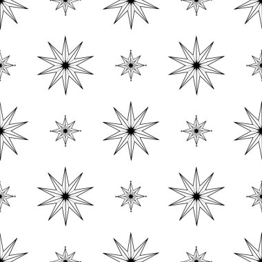 Dekoratif yıldızların el çizimi kusursuz deseni. Soyut gök vektörü. Noel yıldızı ikonu. Tebrik kartı, davetiye, duvar kağıdı, ambalaj kağıdı, kumaş için süsleme çizimi