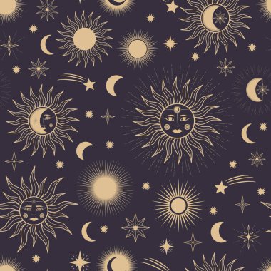 Farklı güneş, ay ve yıldızların el çizimi kusursuz deseni. Göksel uzay vektörü. Tebrik kartı, davetiye, duvar kağıdı, ambalaj kağıdı, kumaş için sihirli uzay galaksisi çizimi çizimi