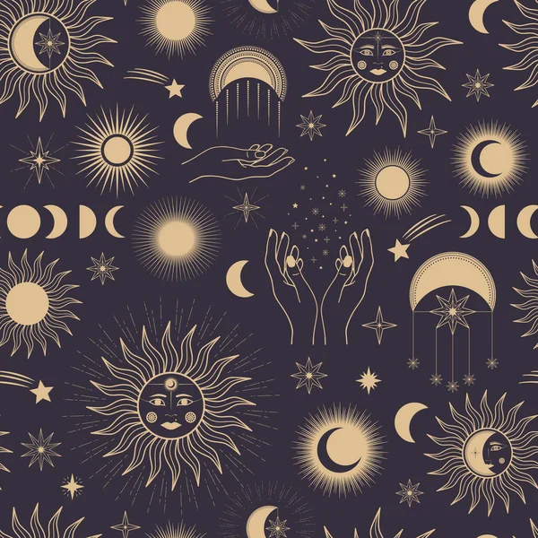Handgezeichnetes Nahtloses Muster Mystischer Sonne Mond Sterne Frauengesicht Hand Himmlischer — Stockvektor