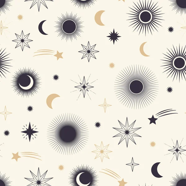 Handgezeichnetes Nahtloses Muster Verschiedener Sonne Mond Sterne Himmlischer Raumvektor Magische — Stockvektor