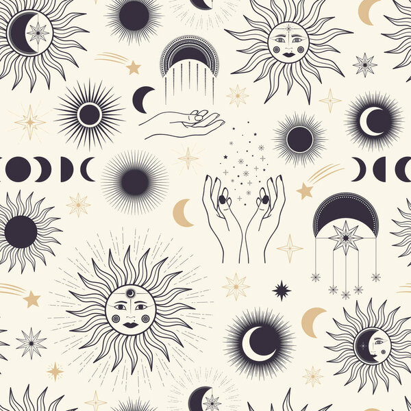 Ручной рисунок из мистического Солнца, Луны, звезд, женского лица, руки. Небесный космический вектор. Волшебный эскиз космической галактики для поздравительных открыток, приглашений, обоев, оберточной бумаги