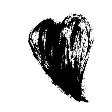 El yapımı kalp. Kalp şeklindeki siyah fırça, boya damlaları ve vuruşları, mürekkep, sıçrama, grunge. Soyut izole vektör