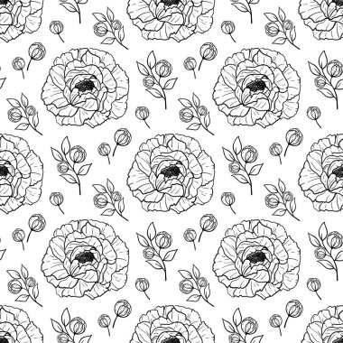 Çiçeklerin ve yaprakların el çizimi kusursuz desen vektörü. Çiçekli Şakayık. Tebrik kartı, davetiye, duvar kağıdı, ambalaj kağıdı, kumaş için dekoratif karalama çizimi