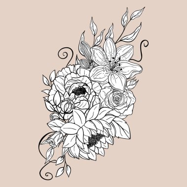 El çizimi buket çiçek ve yapraklar. Şakayık, gül, zambak, nilüfer. Çiçekli yaz vektör koleksiyonu. Dekoratif kompozisyon, tebrik kartı illüstrasyonu, düğün davetiyesi