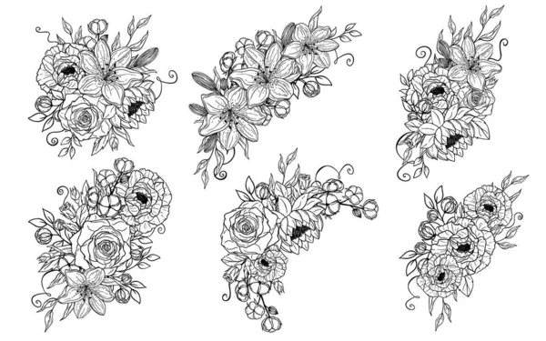 Set Mazzi Fiori Foglie Disegnati Mano Peonia Rosa Giglio Loto — Vettoriale Stock