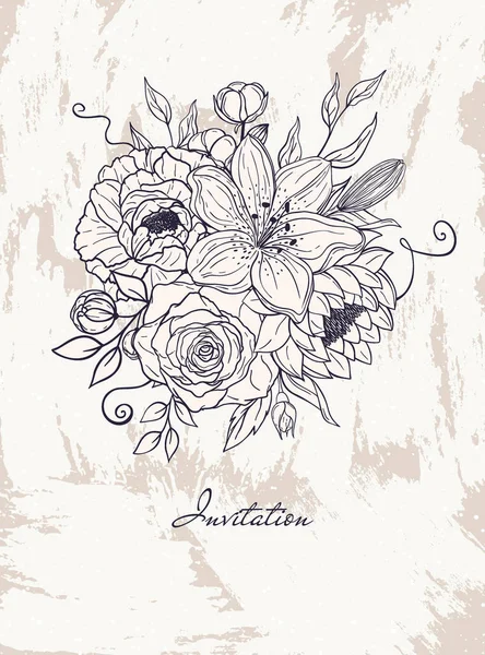 Invitation Dessinée Main Fleurs Bouquet Feuilles Pinceau Pivoine Rose Lis — Image vectorielle