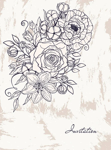 Ручное Приглашение Букета Цветов Листьев Кисти Пион Роза Лилия Хлопчатобумажные — стоковый вектор