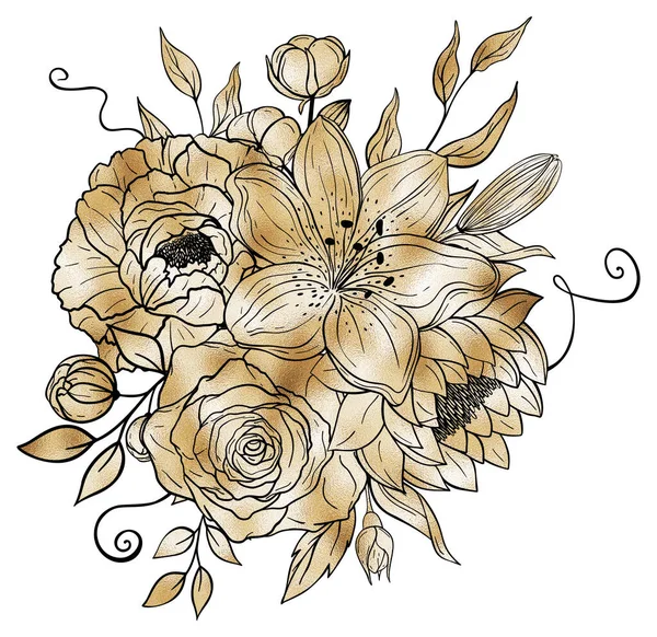 Ręcznie Rysowany Złoty Bukiet Kwiatów Liści Piwonia Róża Lilia Lotos — Zdjęcie stockowe