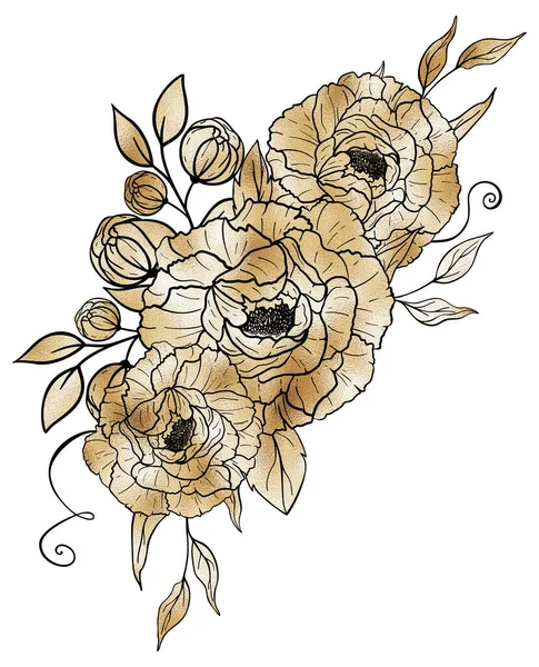 Elle Çizilmiş Altın Demet Çiçek Yapraklar Çiçek Açan Şakayıklar Çiçekli — Stok fotoğraf