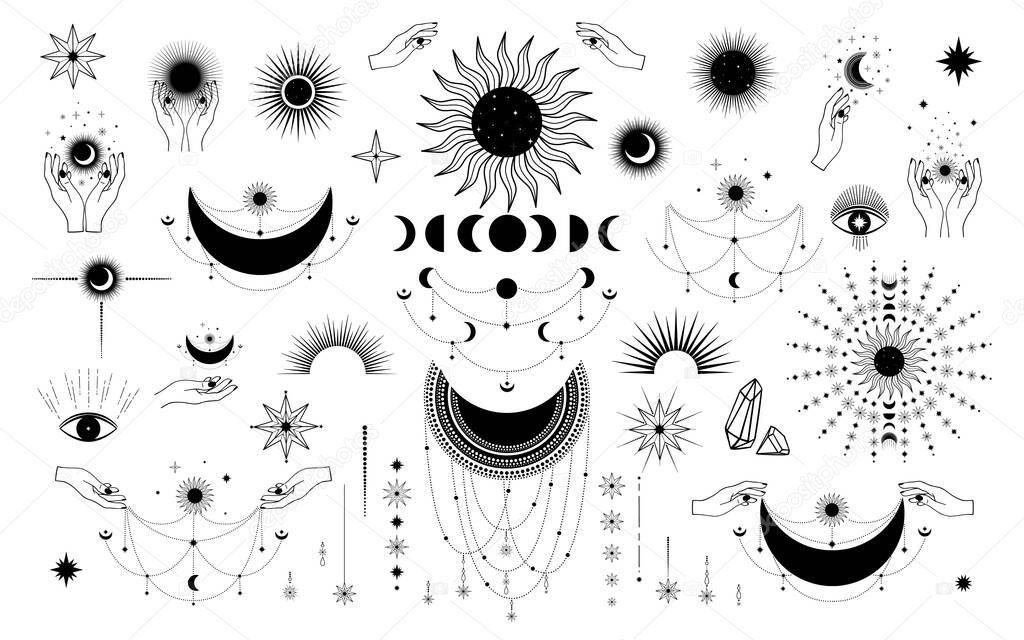 Hand drawn set of mystical Sun, moon, woman hand, diamond, star, eye in line art. Spiritual celestial space. Magic collection, galaxy talisman. Vector illustration isolated on white background