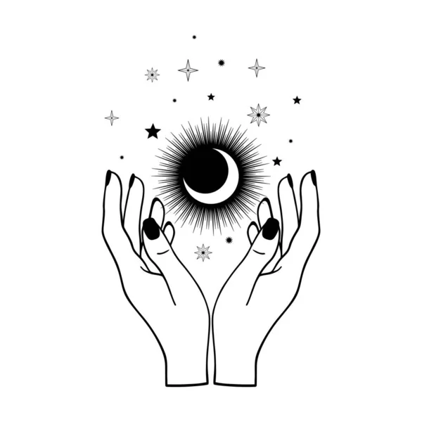 Hand Drawn Mystical Moon Woman Hands Stars Line Art Spiritual — Stock Vector