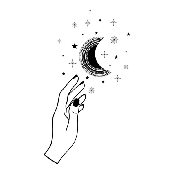 Hand Drawn Mystical Moon Woman Hand Stars Line Art Spiritual — Stock Vector