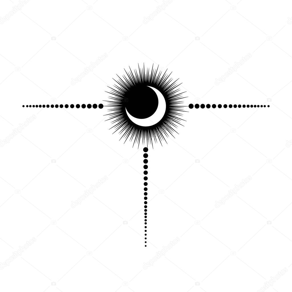 Hand drawn decorative celestial Sun and Moon. Spiritual symbol celestial space. Magic talisman isolated on white background.