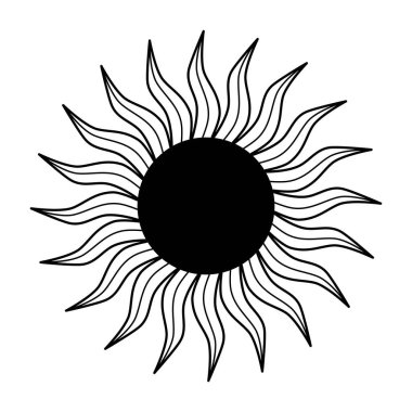 Sanat eserlerinde el çizimi mistik güneş. Ruhsal sembol gökyüzü. Sihirli tılsım, antika tarzı, boho, dövme, logo. Vektör illüstrasyonu beyaz arkaplanda izole edildi.