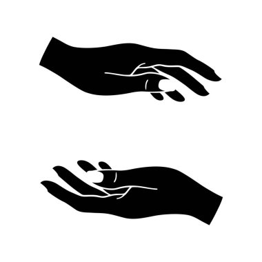 El çizimi kadın resimleri. Kadın elinin ruhani sembolü. Simge tılsımı, antika tarzı, boho, dövme, logo. Vektör illüstrasyonu beyaz arkaplanda izole edildi.