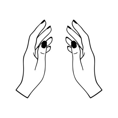 El çizimi kadın resimleri. Kadın elinin ruhani sembolü. Simge tılsımı, antika tarzı, boho, dövme, logo. Vektör illüstrasyonu beyaz arkaplanda izole edildi.