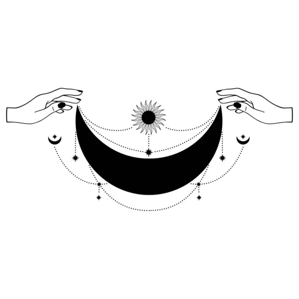 Main Dessinée Mystique Soleil Lune Avec Les Mains Femme Dans — Image vectorielle