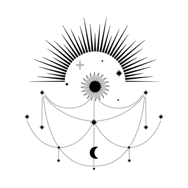 Mão Desenhada Mística Sol Lua Com Estrelas Linha Arte Símbolo —  Vetores de Stock