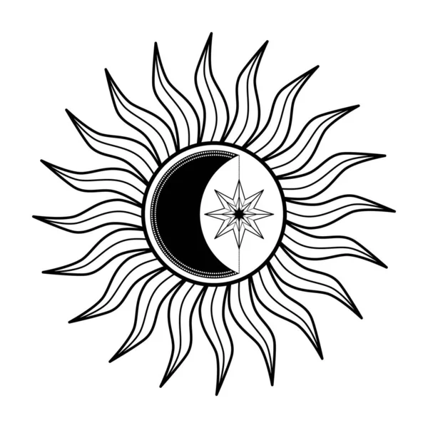 手绘神秘的太阳 月亮和星星在线条艺术中 灵性象征着天国 神奇的护身符 古董风格 Boho 在白色背景上孤立的向量图 — 图库矢量图片
