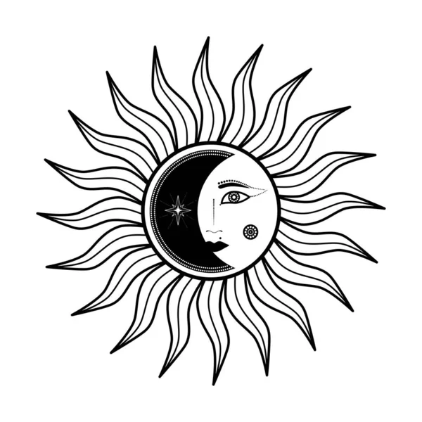 Hand Drawn Mystical Sun Woman Face Moon Star Line Art — Stock Vector