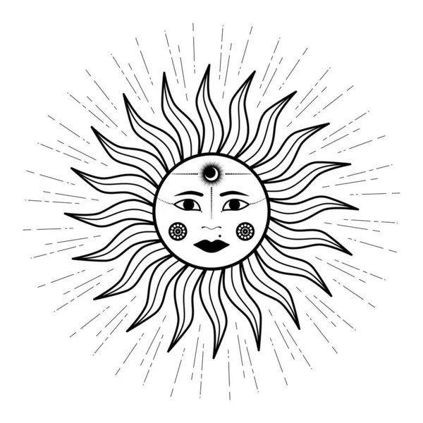 Soleil Mystique Dessiné Main Avec Visage Femme Lune Dans Art — Image vectorielle