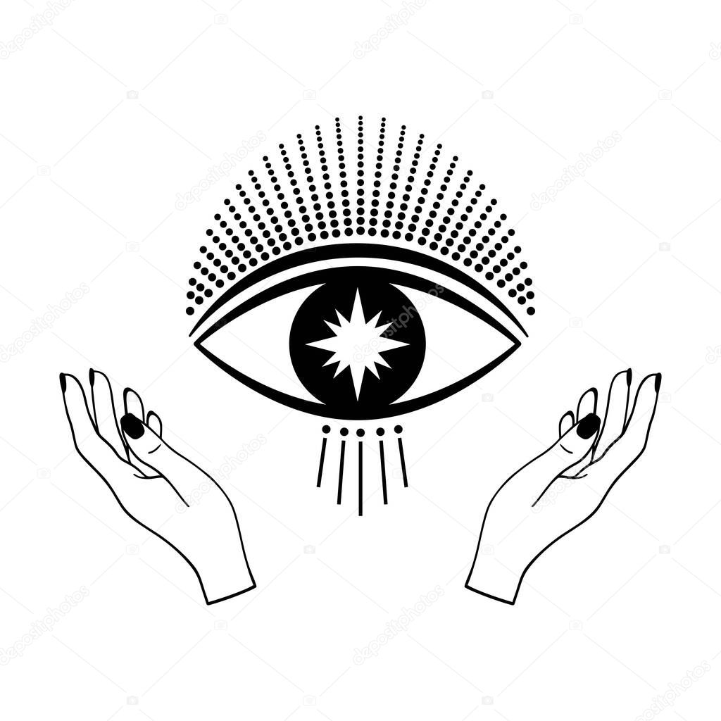 Hand drawn mystical eye with woman hands and star in line art. Spiritual symbol celestial space. Magic talisman, antique style, boho, tattoo, logo. Vector illustration isolated on white background