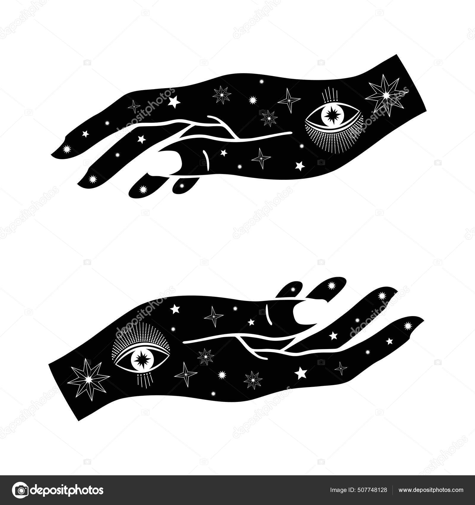 手牵手的女人的手与眼睛和星星在线条艺术灵性象征着天国神奇的护身符古董风格Boho 在白色背景上孤立的向量图图库矢量图©DianaKovach  507748128, image size:1600x1700