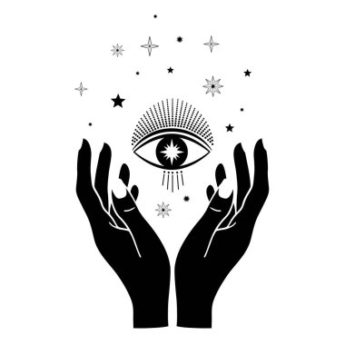 El çizimi mistik göz, kadın eli ve çizgi sanatında yıldızlar. Ruhsal sembol gökyüzü. Sihirli tılsım, antika tarzı, boho, dövme, logo. Vektör illüstrasyonu beyaz arkaplanda izole edildi