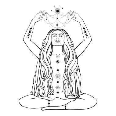 El çizimi gizemli kadın, Güneş, Ay, çizgi sanatında yıldız. Ruhani soyut siluet genç bayan. Sihirli profil, gizemli tılsım. Vektör illüstrasyonu beyaz arkaplanda izole edildi