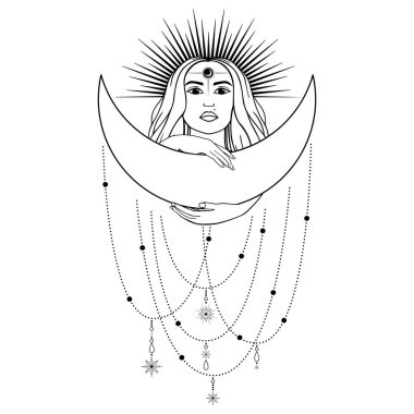 El çizimi gizemli kadın, Güneş, Ay, çizgi sanatında yıldız. Ruhani soyut siluet genç bayan. Sihirli profil, gizemli tılsım. Vektör illüstrasyonu beyaz arkaplanda izole edildi