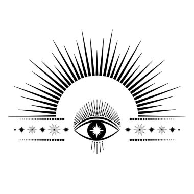 El çizimi mistik güneş, göz ve yıldızlar sanat eserleri. Ruhani sembol, sihirli ikon, tılsım, antika tarzı, boho, dövme, logo. Vektör illüstrasyonu beyaz arkaplanda izole edildi