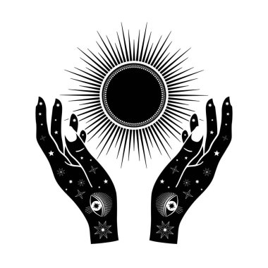 Kadın eli, göz ve yıldızlı el çizimi bir sanat eseri. Ruhsal sembol gökyüzü. Sihirli tılsım, antika tarzı, boho, dövme, logo. Vektör illüstrasyonu beyaz arkaplanda izole edildi
