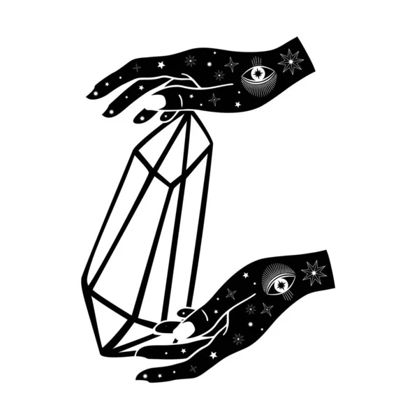 Handgezeichnete Frauenhände Mit Diamanten Augen Und Sternen Reih Und Glied — Stockvektor