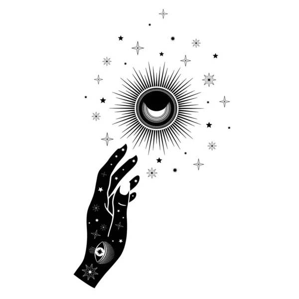 手線画で太陽 目や星と女性の手を描いた 精神的なシンボルの天体空間 魔法のお守り アンティークスタイル Boho タトゥー 白を基調としたベクトルイラスト — ストックベクタ