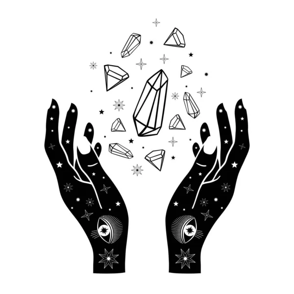 ラインアートでダイヤモンド 星を手描きの女性の手 精神的なシンボルの天体空間 魔法のお守り アンティークスタイル Boho タトゥー 白を基調としたベクトルイラスト — ストックベクタ