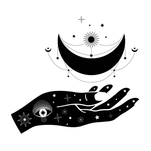 Handgezeichnete Frauenhand Mit Sonne Mond Auge Und Sternen Linie Kunst — Stockvektor