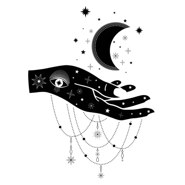 Mano Dibujada Mano Mujer Con Luna Ojo Estrellas Línea Arte — Vector de stock