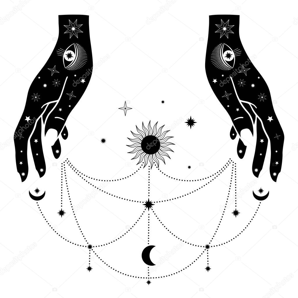 Hand drawn woman hands with Sun, Moon, eye and stars in line art. Spiritual symbol celestial space. Magic talisman, antique style, boho, tattoo, logo. Vector illustration isolated on white background