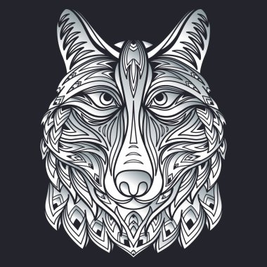 Kurt kafasının elle çizilmiş tasarımı. Yırtıcı kabile hayvanlarıyla soyut etnik süsler. Dekoratif logo, amblem, maskot. Koyu mavi arkaplanda izole edilmiş vektör çizimi