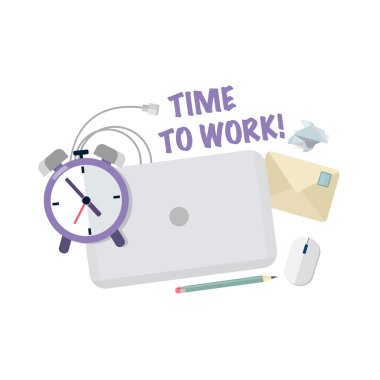 İş zamanı. İşyeri dizüstü bilgisayar, saat, kurşun kalem ve zarf ile. Vektör tasarımı