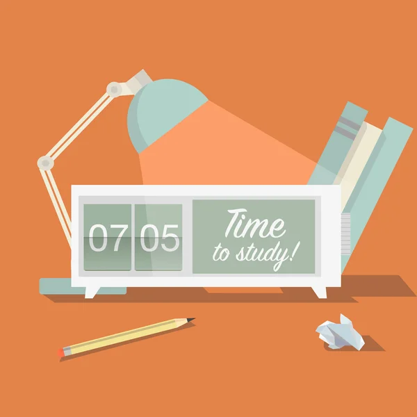 Tid att studera. Platt illustration begreppet utbildning, handledning, lärande med böcker, klocka, bordslampa och penna — Stock vektor