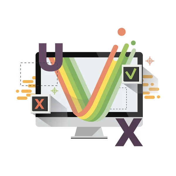 UX design web infographic pojem vektor. Uživatelské rozhraní zkušenosti, použitelnost, maketa, drátový model rozvoje. Optimalizaci uživatelské zkušenosti v e-commerce — Stockový vektor