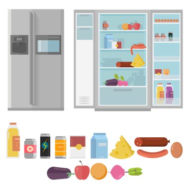Kapalı ve buzdolabı açıldı tam gıda ve Drinks.Flat vektör çizim