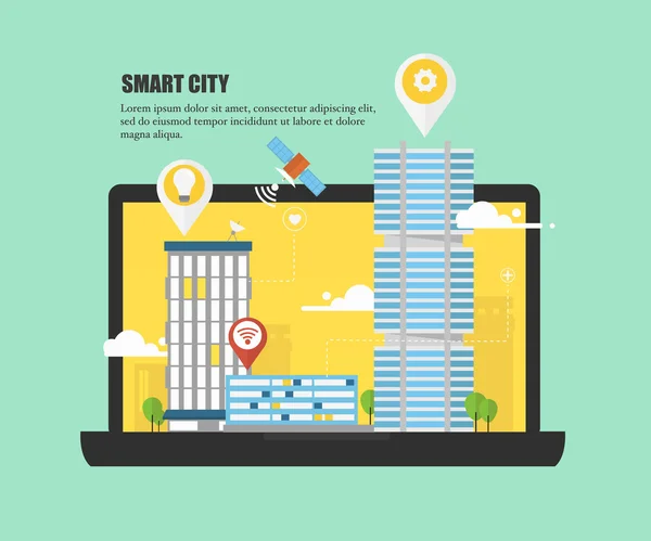 Akıllı şehir ve kentsel alanlarda kavramı geleceği. Modern şehir tasarım yaşam için geleceğin teknolojisi ile. Yenilikler ve Internet şey çizimi. — Stok Vektör