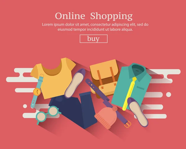 Online shopping banner koncept med kläder, accessoarer och skor — Stock vektor