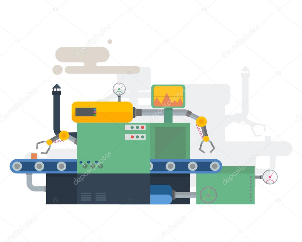 Industrial machine of pipes, cables, motors, buttons, gauges, pumps in flat style. Factory construction equipment, engineering vector illustration.