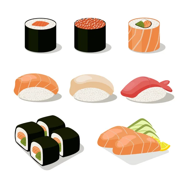 Asia icono de comida conjunto con rollos de sushi sashimi.Flat ilustración vectorial aislado — Vector de stock